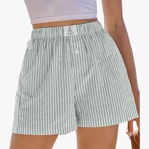 NWT ANRABESS Boxer Shorts for Women. Green And White Stripe. Size Medium